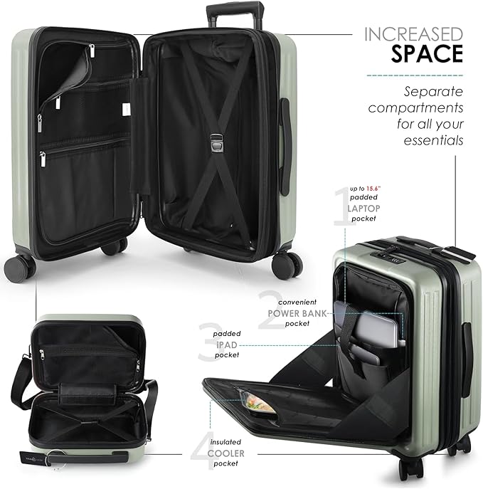 TRAVELARIM 20 Inch Carry On Luggage 22x14x9 Airline Approved, Carry On Suitcase with Wheels, Hard-shell Carry-on Luggage, Durable Luggage Carry-On, Sage Green Small Suitcase with Cosmetic Case