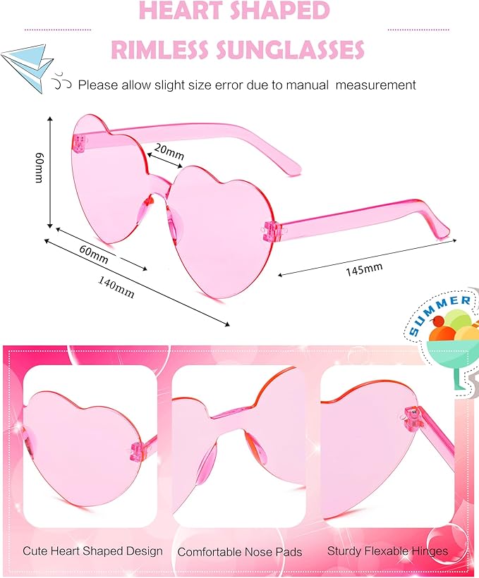 20 Pairs Heart Shaped Sunglasses Bulk, Colorful Rimless Fun Heart Sunglasses for Women Party Favors