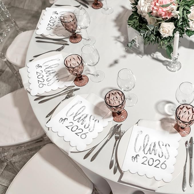 100 Pcs Class of 2026 Graduation Cocktail Napkins 5 x 5 Inch Congrats Grad Scalloped Paper Napkins for Dinner Beverage Graduate Decorations(Silver)