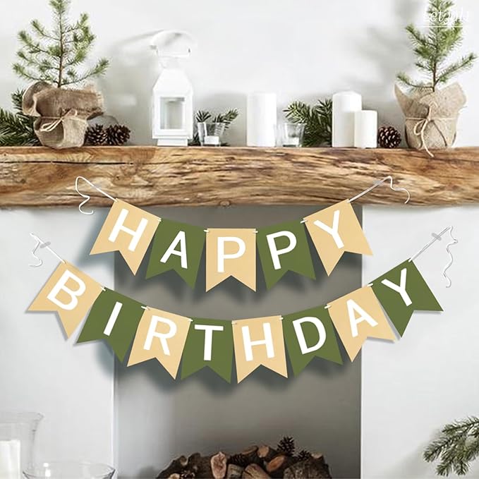 Brown Green Happy Birthday Banner Greenery Theme Party Supplies Garland Decorations Birthday Signs Nursery Hanging Decor 13pcs