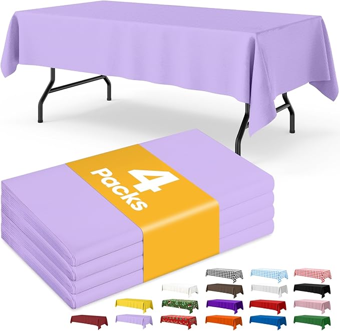 Lavender Plastic Table Cloth - 4 Pack 54" × 108" Rectangle Disposable Tablecloths for 6FT Tables, Table Cover for Party, Holiday & Gathering Use
