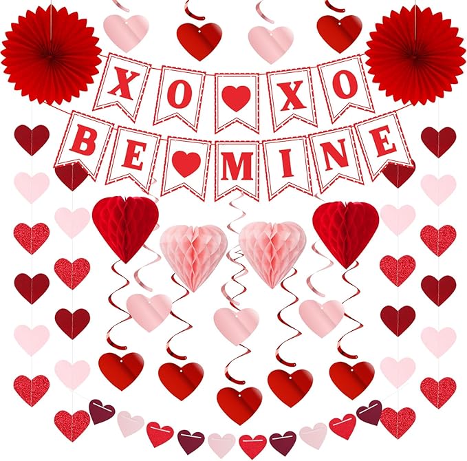 Galentines Party-Decoration Valentines Heart Garland - 25pcs Red Rose-Gold Paper Streamers Honeycomb Fans XOXO BEMINE Banner, Anniversary Baby Shower Wedding Love Hanging Supplies Decor Hugfond
