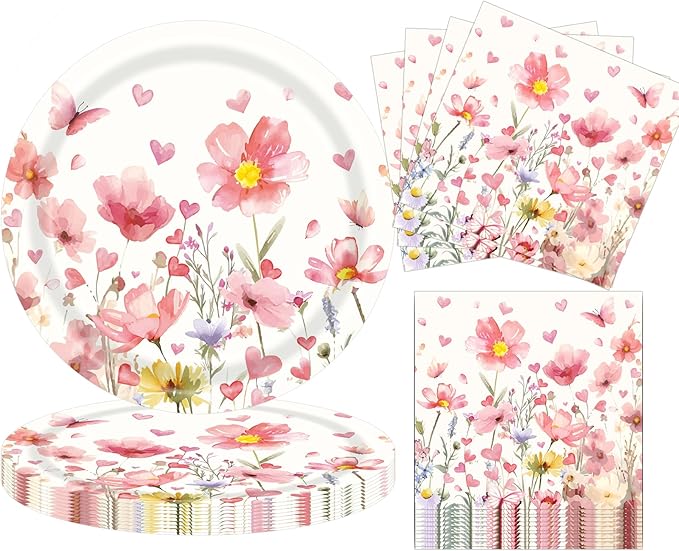 Spring Flowers Plates and Napkins Sets Pink Floral Party Supplies Wildflower 9inch 20pcs Paper Plates and 20pcs Napkins Tableware Party Decorations for Anniversary Wedding Birthday