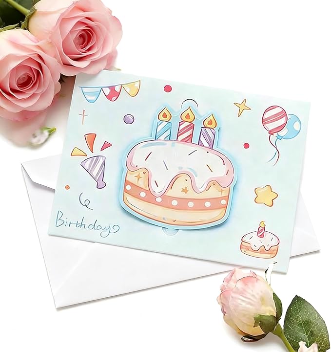 24 Pack Cute 3D Pop Up Greeting Cards with Envelopes and Stickers, Assorted Cartoon Birthday Cards Bulk, Lovely Butterfly Crown Flower Cake Note Cards for Birthday Party Wedding Baby Shower Kids Adults Holiday Celebration