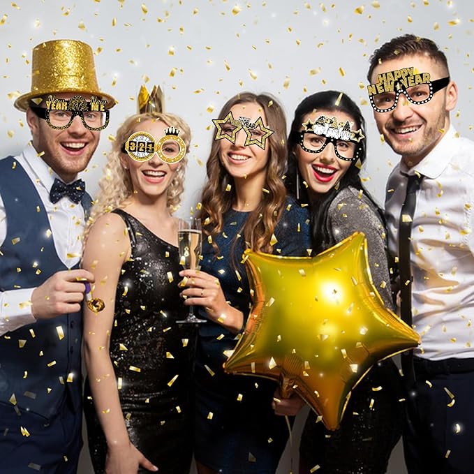 12Pcs Happy New Year Glasses, Black and Gold New Years Eve Paper Eyeglasses 2026 Glasses Photo Booth Props for 2026 New Years Eve Party Supplies