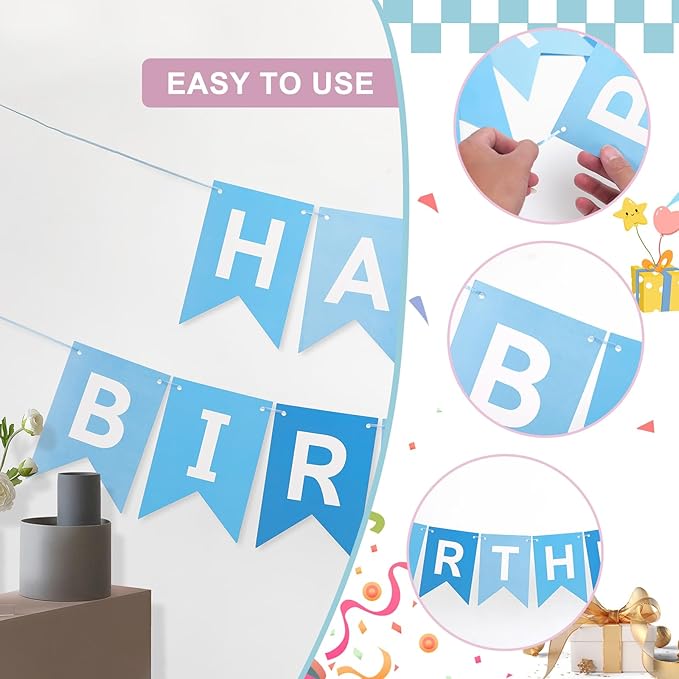 Multi Blue Happy Birthday Banner, Birthday Decorations with Metallic Hanging Swirl, Sign for Backdrop Party Decor, Bunting Banner for Men Women, Birthday Supplies for Boys Girls