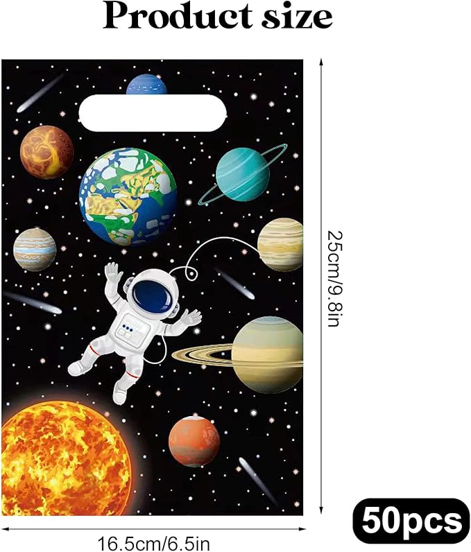 Rainmae 50 Pcs Outer Space Party Favors Bags, Space Goodies Treat Gift Candy Bags, Astronaut Party Plastic Gift Bags Planet Goodie Bags Treat Bags for Kids Birthday Galaxy Space Theme Party Supplies