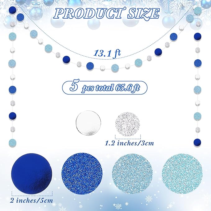 Outus 5 Pieces Round Dots Circle Garland Royal Navy Blue Hanging Paper Hanging Decor Each Length 13.1ft Glitter Paper Dot Streamers for Birthday Wedding Classroom Bridal Baby Shower(Silver, Blue)