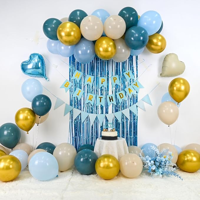 Blue Birthday Decorations,Blue Party Decorations with Dusty Blue White Sand Gold Balloons Happy Birthday Banner Fringe Curtain Light Blue Birthday Party Decor for Boy Kids Baby Men