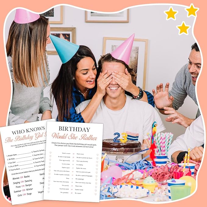 Birthday Party Decoration- Who Knows The Birthday Girl Best-Set of 2 Birthday supplies for 20 guests,Birthday Cards Set -20 Cards,Sweet Party Supplies
