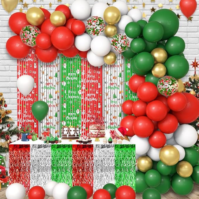 140pcs Christmas Party Balloon Set, Merry Xmas Balloons with Table Skirts and Foil Fringe Tinsel Curtains for Winter Holiday Party Decorations