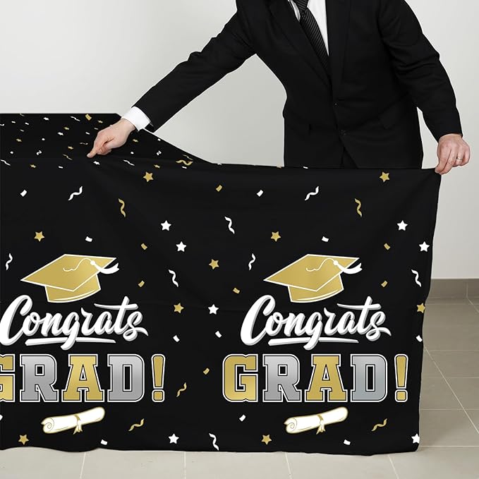 2026 Graduation Decorations : 2-Pack Congrats Grad Disposable Tablecovers - Class of 2026 Black and White Themed Table Cloths, for Graduation Party Supplies & Graduation Backdrop, 54" X 108"