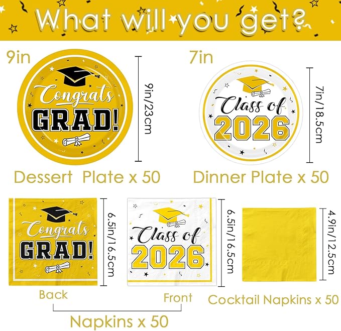 Graduation Party Plates and Napkins Yellow Class of 2026 Grad Congrats Party Supplies Disposable Dessert Paper Plates Cocktail Napkins forGraduation Party Decorations,Serve 50