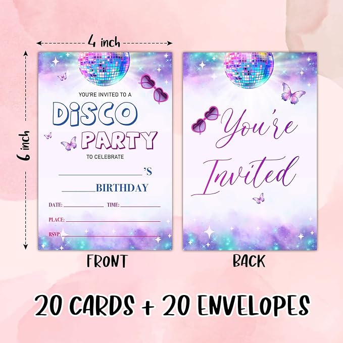 Disco Party Birthday Party Invitation Cards for Women Girls Boys, Disco Birthday Celebration Party Invite Cards Supplies, 20 Double-Sided Fill In Invites With Envelopes -09