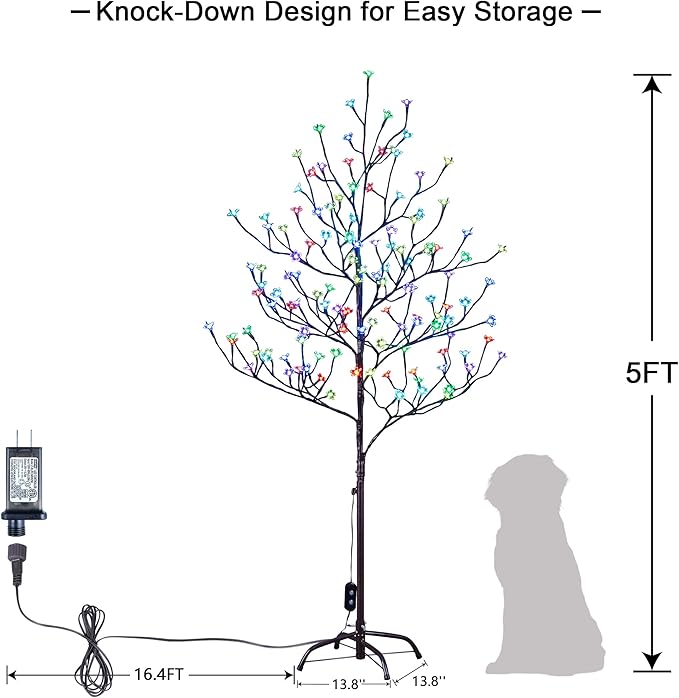 Lightshare 5FT 128L Lighted Cherry Blossom Tree RGB with Remote Control, 16 Color-Changing Modes, Decorate Home Garden, Spring, Summer, Wedding, Party, for Indoor and Outdoor Use