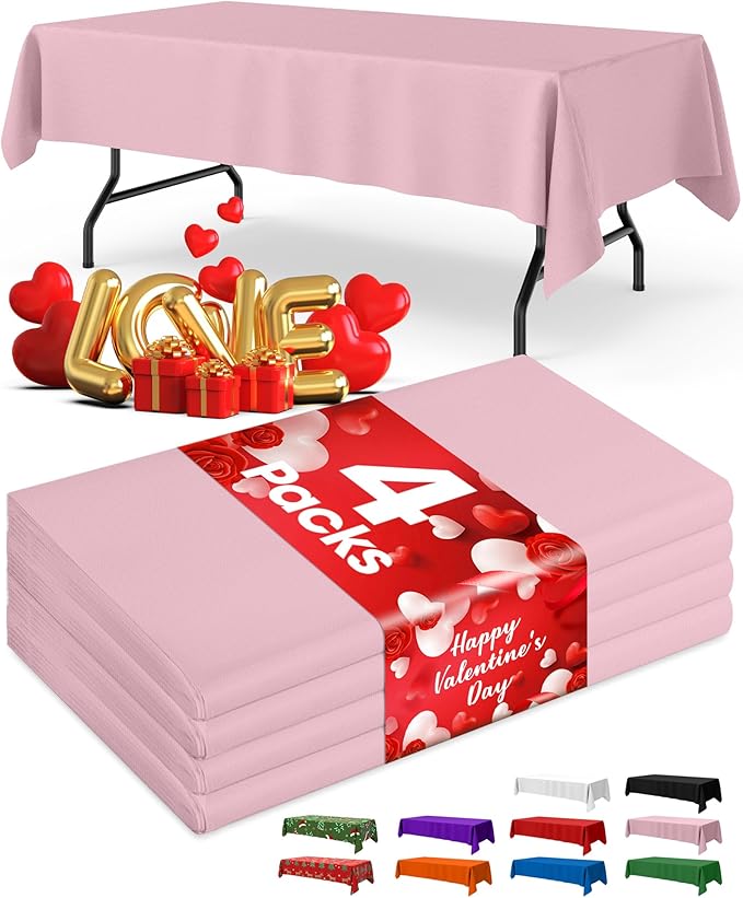 Pink Plastic Table Cloth - 4 Pack 54" × 108" Rectangle Disposable Tablecloths for 6FT Tables, Table Cover for Party, Valentines, Holiday & Gathering Use