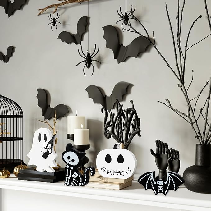4PCS Halloween Decorations Indoor, Halloween Tiered Tray Decor Table Sign, Halloween Wooden Signs Ghost Bat Pumpkin Cat Blocks Signs, Table Decor Halloween Party Decorations for Mantle Home Shelf