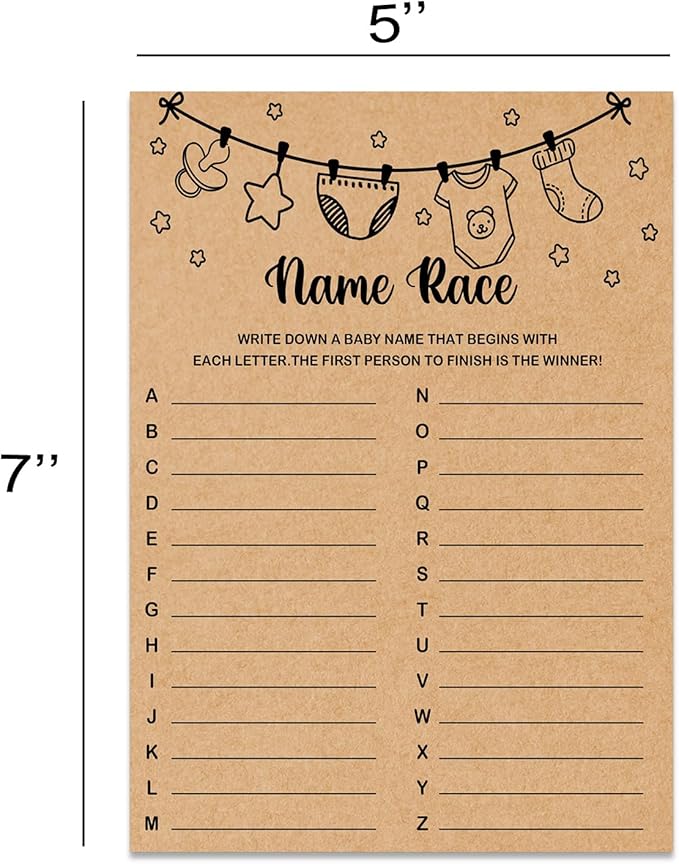 Baby Shower Game, Name Race Game Cards, Baby Shower Party Games & Activities, Kraft