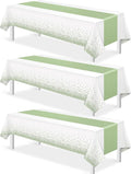 3Pcs White and Sage Green Tablecloth Decorations,Plastic White Table Cloth Printed Green Table Runner Disposable Rectangle Tables Cover for Birthday Wedding Anniversary Graduation Party,54 x108 Inch