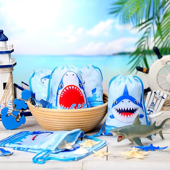 Capoda 24 Pcs Shark Party Drawstring Bags Summer Party Favors 7.09 x 5.12 Inches Shark Themed Birthday Decoration Ocean Animals Drawstring Bags Bulk for Candy Snack Treat Wrapping Summer Pool Supplies