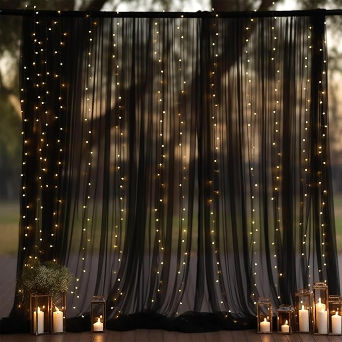 10x10ft Black Tulle Backdrop Curtain with Lights String for Parites, Sheer Photo Backdrop Curtains for Wedding Baby Shower Birthday Party Photo Shoot Decorations