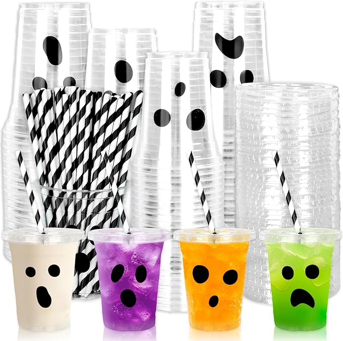 Whaline 60Pcs 12Oz Halloween Disposable Plastic Cups with Lids and Straws Black Spooky Ghost Cold Beverage Drinking Cups for Trick or Treat Birthday Party Supplies