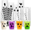 Whaline 60Pcs 12Oz Halloween Disposable Plastic Cups with Lids and Straws Black Spooky Ghost Cold Beverage Drinking Cups for Trick or Treat Birthday Party Supplies