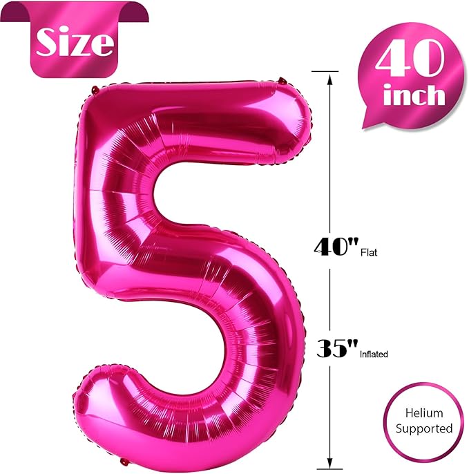 Hot Pink Number 5 Balloon 40 Inch, 5 Balloon Number, 5th Birthday Decorations, Hot Pink Party Supplies for Boys Girls
