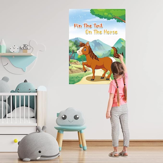 Pin The Tail on The Horse Game -Horse Party Games for Kids with 21'' x 28'' Poster, Resuable Tails Stickers Party Supplies for Kids Birthday Party Favor Sets