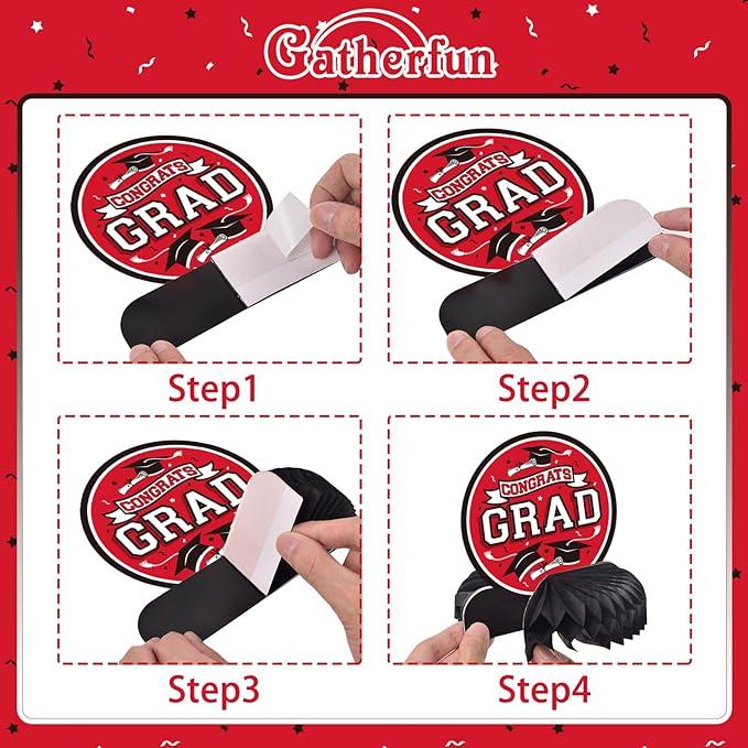 9PCS Graduation Decorations 2026 Congrats Grad Table Centerpiece Congratulate Graduation Honeycomb Table Toppers for Graduation Party Supplies(Red,Black）