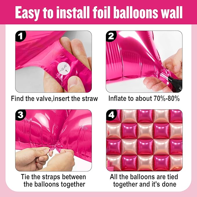 50Pcs Hot Pink and Rose Gold Square Foil Balloons Wall Backdrop, Double Sided Metallic Foil Balloons Tunnel Arch Garland Kit for Photo Booth Birthday Wedding Halloween Christmas Party Decorations