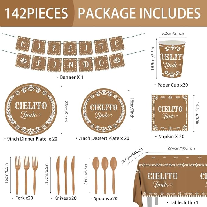 142 pcs Cielito Lindo Baby Shower Tableware, Mexican Theme White Talavera Baby Girl Shower Party Decoration Paper Plates Napkins Forks Serves 20