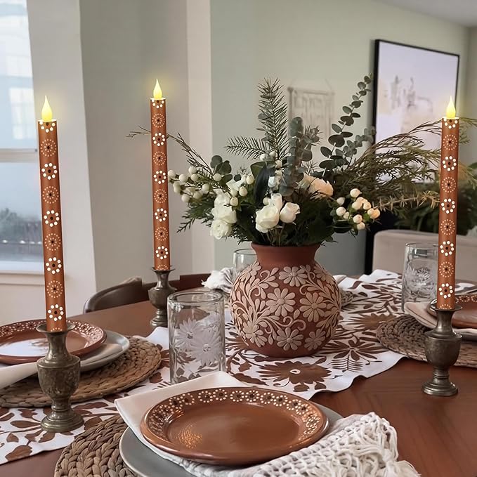 Honoson 6 Pcs Cielito Lindo Flameless Taper Candle 10.6 Inch Mexican LED Candles Terracotta Battery Operated Candlestick for Mexican Barro Home Decor Talavera Cinco De Mayo Party Table Decoration Gift
