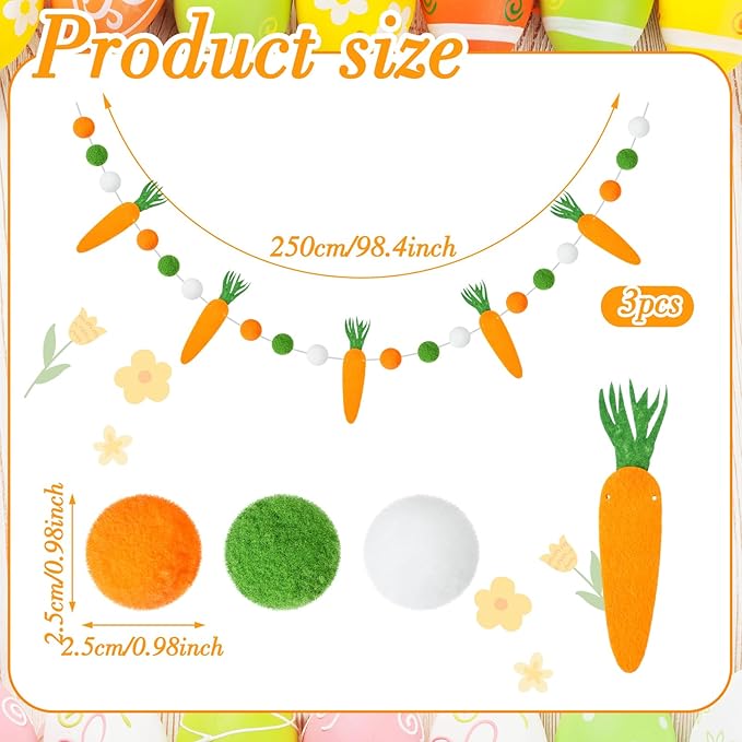 Peryiter 3 Pcs Easter Felt Garland Carrot Felt Ball Garland Decorations 8.2 ft Carrot Banner Colorful with 24 Pompom Balls Ornaments for Easter Party Mantle Wall Home Indoor Outdoor Decorations