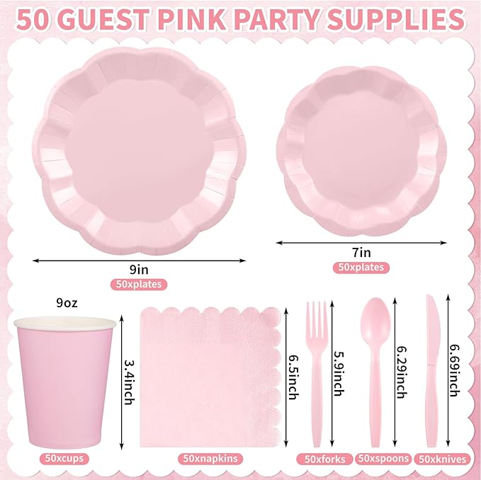 350 Pcs Pink Paper Plates and Napkins Set Include 9" Easter Plates, 7" Dessert Plate Disposable Scalloped Tableware Serve 50 Guest for Wedding Baby Shower Bridal Shower Birthday Mother's Day