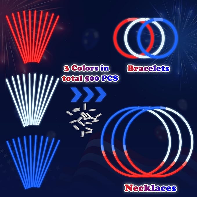 Bulk Fourth of July Red White Blue Glow Sticks 500 PCS, Patriotic Light Up Bracelets Necklaces Accessories for Kids, Glow Party Favors Supplies Decorations for 4 of July Parade, Birthday, Pool