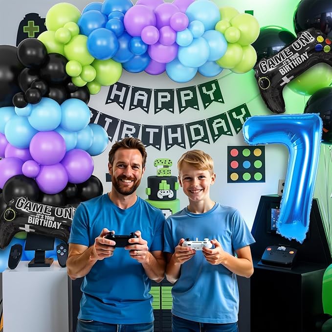 7th Birthday Video Game Balloons Arch, 7th Party Balloons Garland Kit 7th Birthday Supplies with Blue Number 7 Balloon Game Foil Balloons for 7 Year Old Teens Boys Decor
