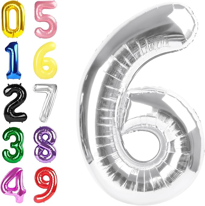 Numbers Balloon 6, 40 Inch Foil Big Balloon for Men And Women, Silver Balloons for 6, 16, 26, 60, 2026 Graduation, Birthday, Wedding Anniversary, Xmas, Party Supplies