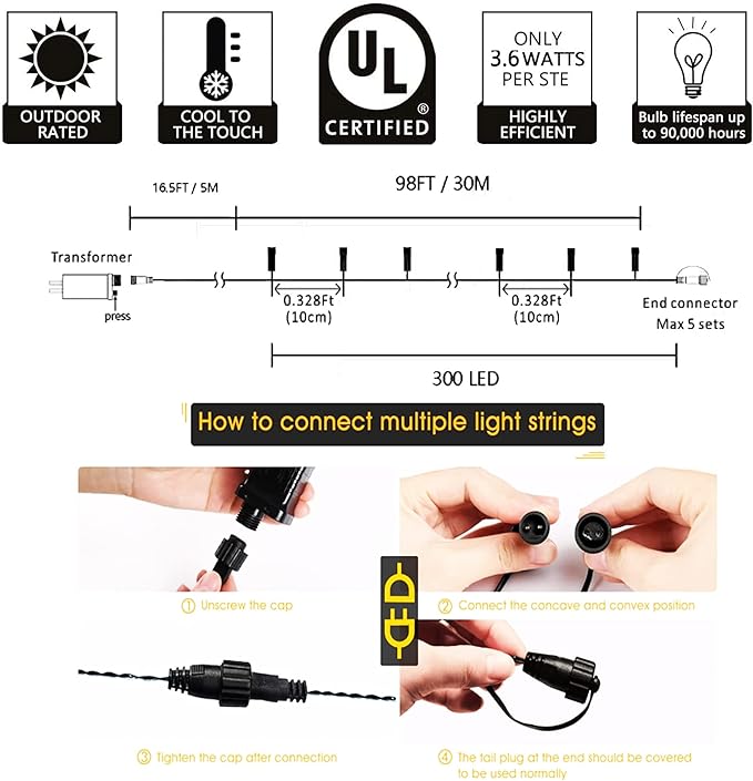 kemooie 300 LED Christmas Lights, 99FT Connective Christmas Tree Lights, Plug in 8 Lighting Modes, for Outdoor Indoor Christmas Tree Wedding Party Decoration (Multicolor)