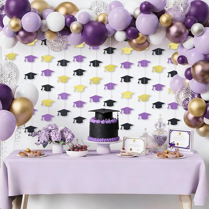 Black Purple and Gold Graduation Garland Graduation Party Decorations Class of 2026 Grad Cap Garland Banner Streamers for Grad Party Hanging Decorations 39Feet