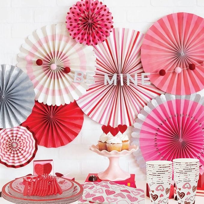 Valentine Party Supplies Pack Serving 24 Guests, Including Dinner Plates, Luncheon Napkins Knife Fork Spoon and Cups Tableware Set Kit for Valentines Day Wedding Anniversary Party Decorations Favors