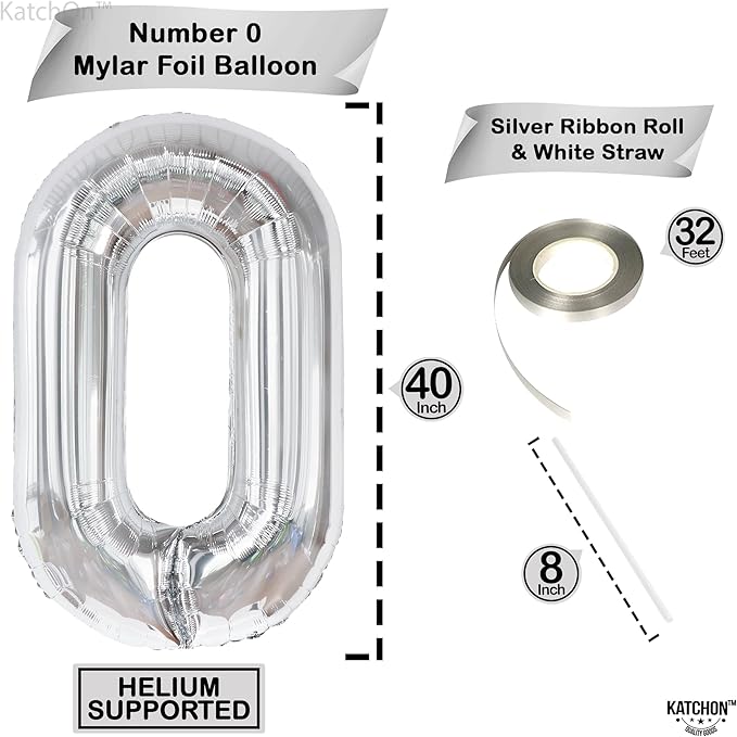 Giant, 40 Inch Silver Number 0 Balloon - Mylar 0 Number Balloon | Silver 0 Balloon for Balloons Party Decorations | 0 Number Balloon for Birthday Party, Anniversary Decorations
