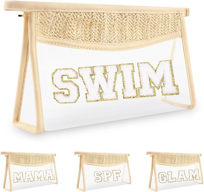 Iqimott Clear Patch Makeup Letter Bag, Boho Letter Bag for Beach Swim, Waterproof Zipper Make up Bags Toiletry Pouch for Women Girls, Clear Patch Cosmetic Bags Organizer Pouch for Travel(Swim, Beige)