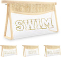 Iqimott Clear Patch Makeup Letter Bag, Boho Letter Bag for Beach Swim, Waterproof Zipper Make up Bags Toiletry Pouch for Women Girls, Clear Patch Cosmetic Bags Organizer Pouch for Travel(Swim, Beige)