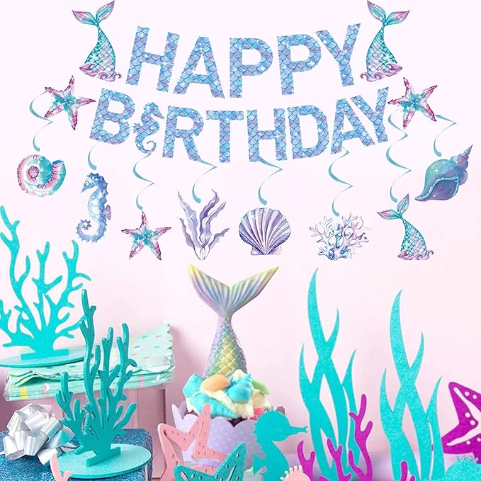 Zwiebeco Mermaid Happy Birthday Party Decoration Banner Bunting Garland Hanging Paper Swirls Kit for Kids Girls Under the Sea Theme Accessories Supplies