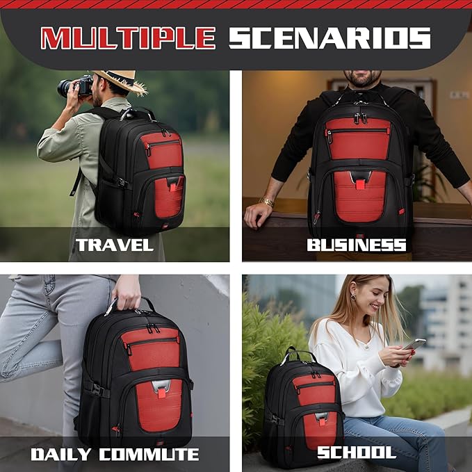 Large Travel Backpack, 50L Laptop Backpack for Men 17.3 Inch, TSA Approved, Heavy Duty with Charging, Anti Theft for College Business Work, Red
