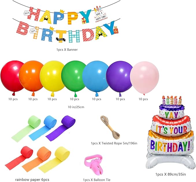 Rainbow Birthday Decorations Colorful Balloon Arch Kit Crepe Paper Streamers Assorted Colors for Kids Party Supplies Happy Decor Backdrop