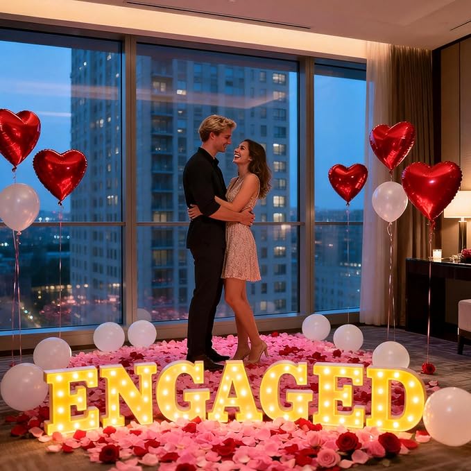 Engagement Party Decorations, Engaged LED Light Up Letters, With Rose Petals, Aluminum Balloons, Round Pearlescent Balloon, Double Sided Tape, for Wedding Engagement Bridal Shower Engaged Party Decor