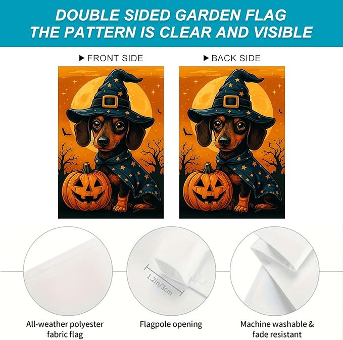 Halloween Garden Flag Dachshund Dog Pumpkin Witch Hat Double Sided 12x18 Inch Cute Fall Garden Flag Outdoor Yard Lawn Decor Trick Or Treat Banner Autumn Porch Decoration Spooky Holiday Sign