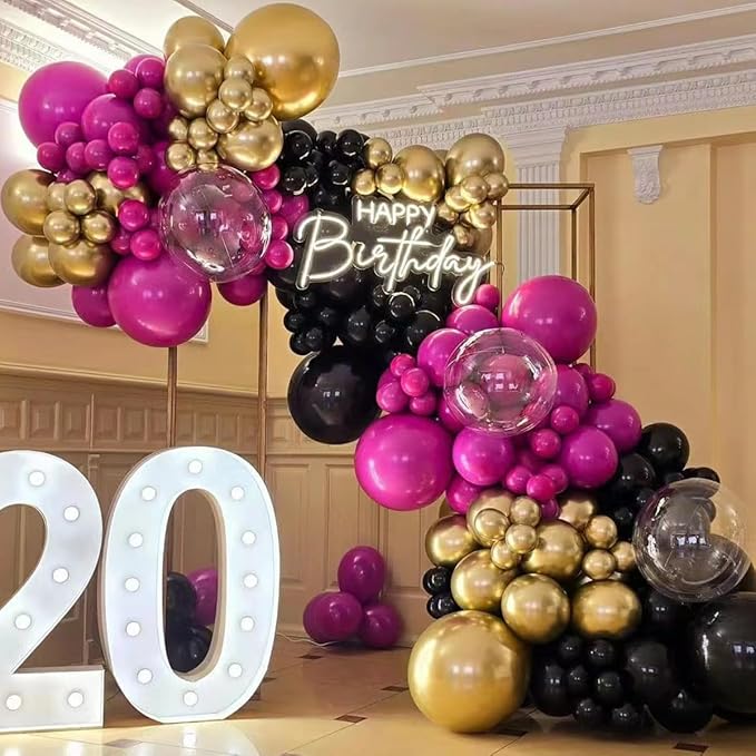 Black Red and Gold Balloon Arch Kit, 141Pcs Matte Black Hot Pink Gold Metallic Gold Confetti Balloons for Birthday Wedding Bachelorette Gender Reveal Anniversary